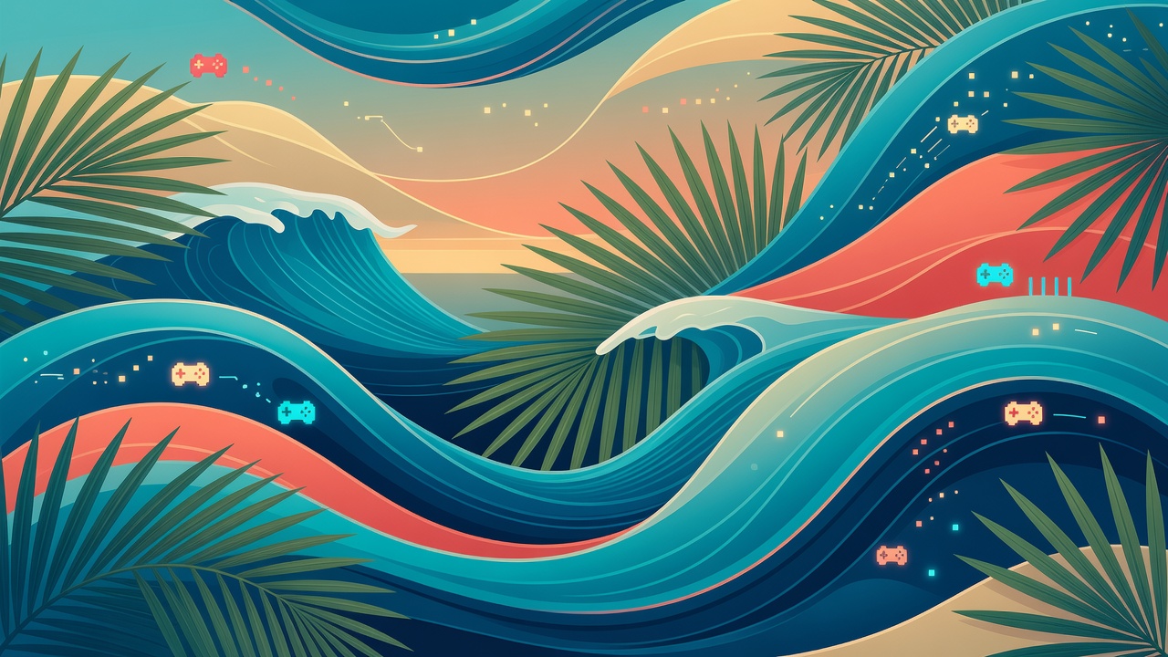 Arte digital abstrata com ondas, folhas tropicais e elementos pixel