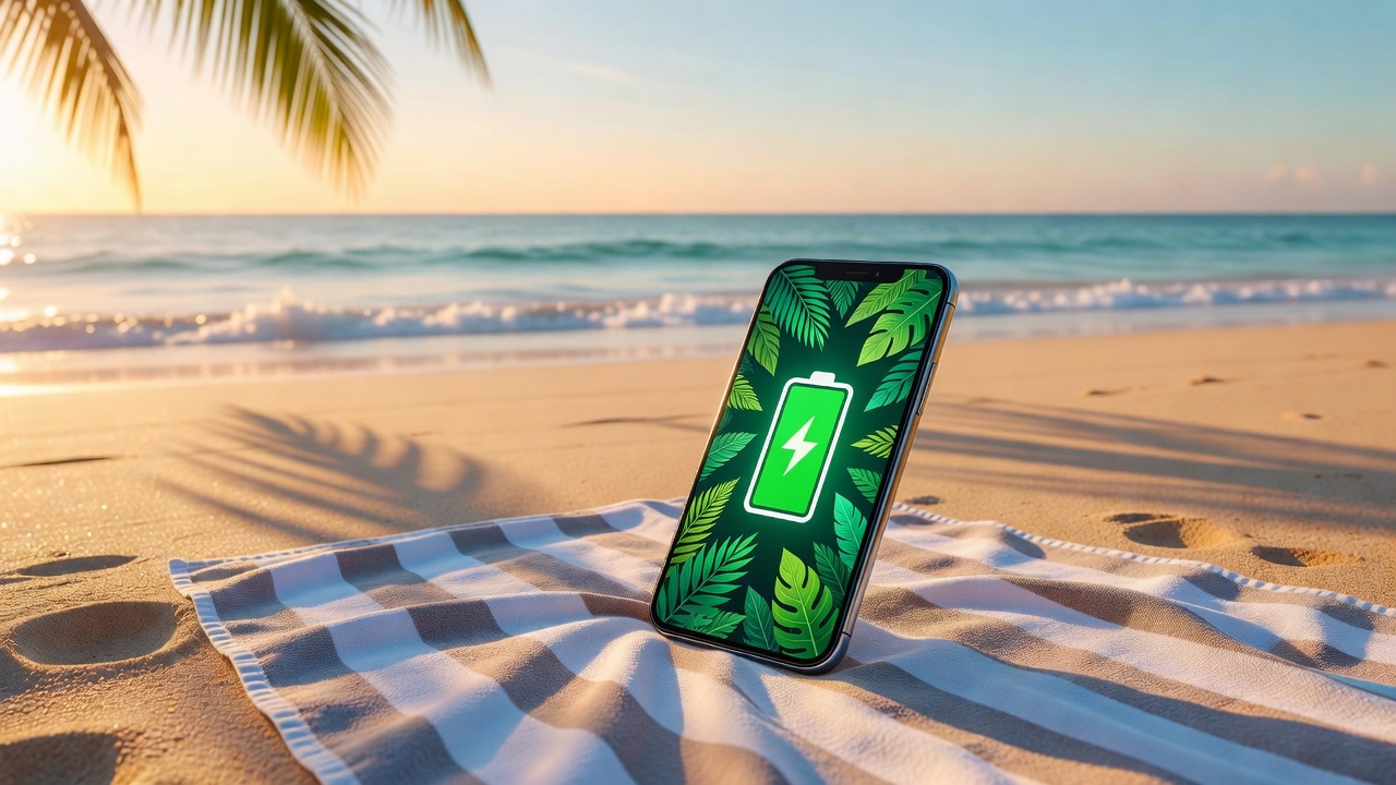Celular mostrando bateria cheia na praia