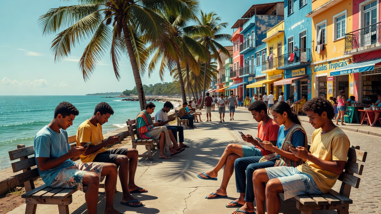 Pessoas jogando no celular em calçadão litorâneo no Brasil