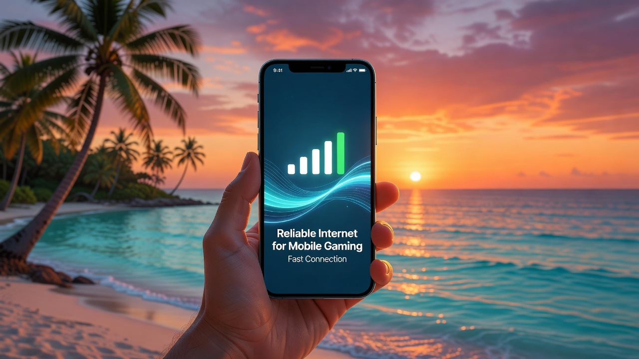 Mão segurando celular com sinal Wi-Fi forte no pôr do sol