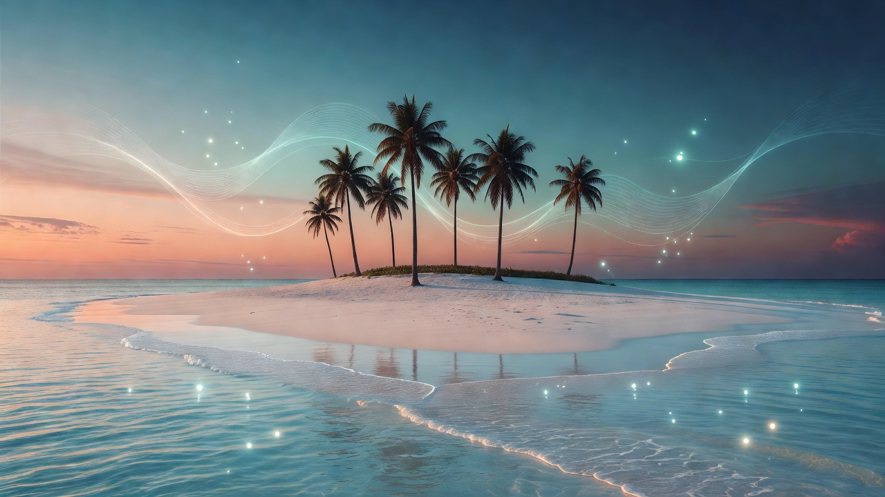 Ilha tropical paradisíaca ao pôr do sol com elementos digitais sutis representando o hub de jogos mobile