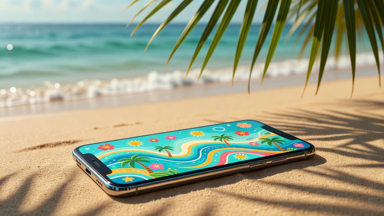 Smartphone na areia da praia com ondas ao fundo
