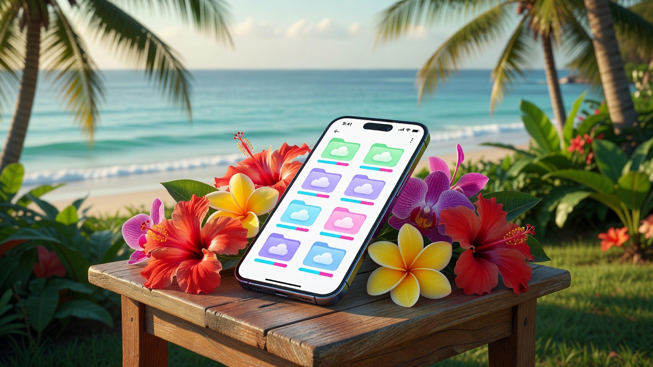 Smartphone com ícones de armazenamento em cenário tropical