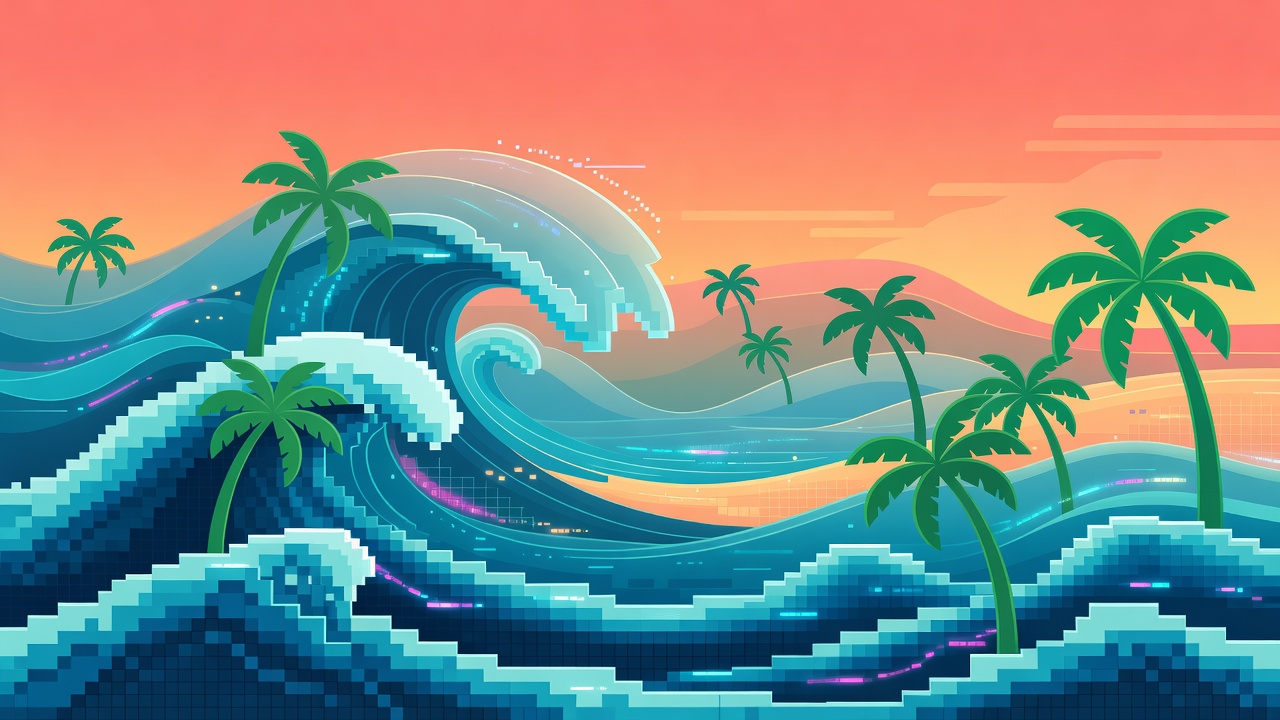 Fusão de pixel art com ondas e elementos tropicais