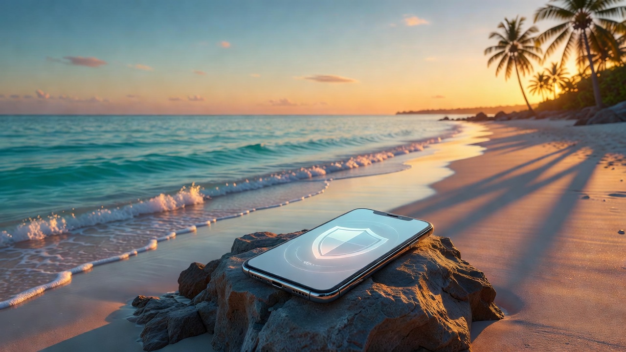 Smartphone com ícone de escudo em ambiente de praia
