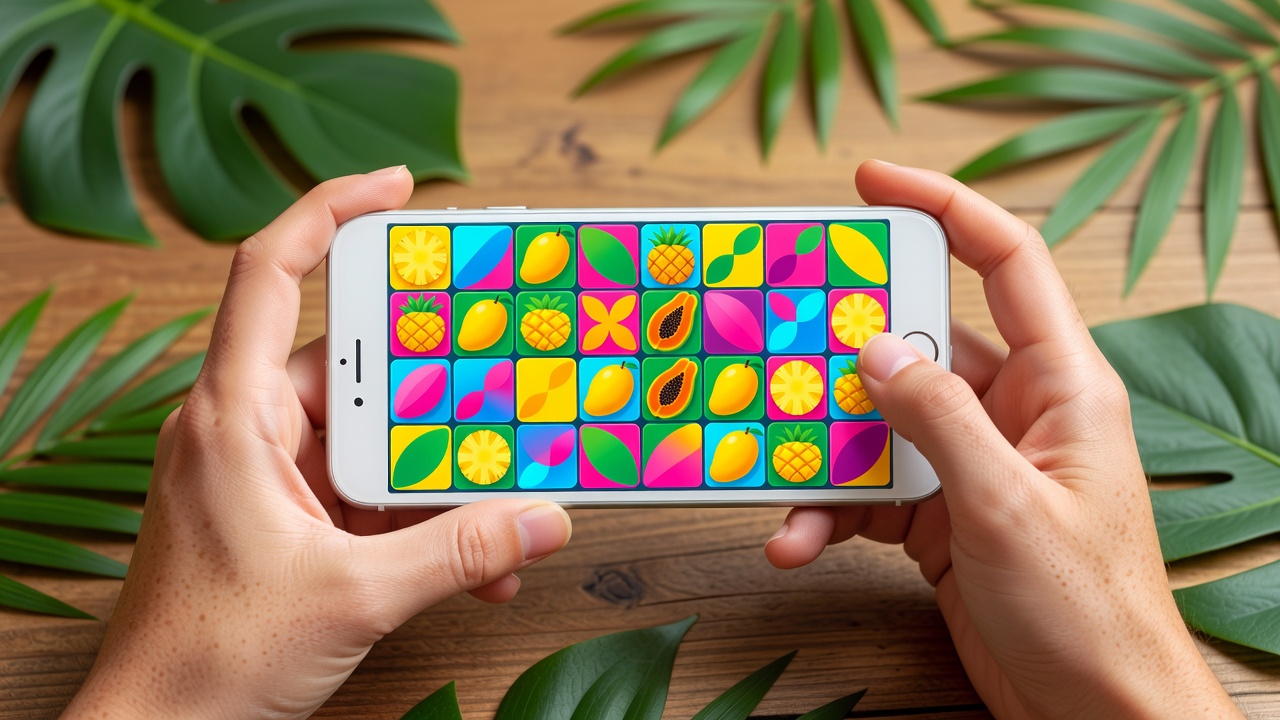 Mãos segurando smartphone com jogo de quebra-cabeça casual colorido com tema tropical