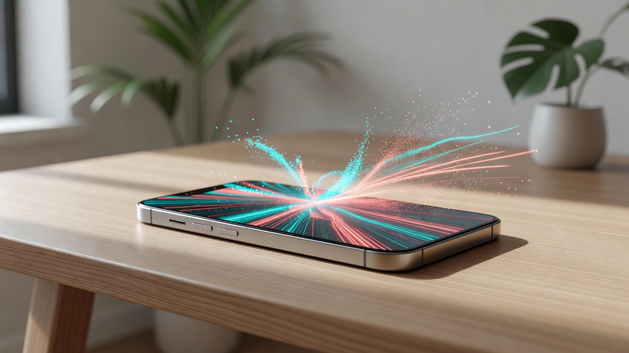 Smartphone premium mostrando gráficos fluidos de jogo mobile com efeitos de movimento
