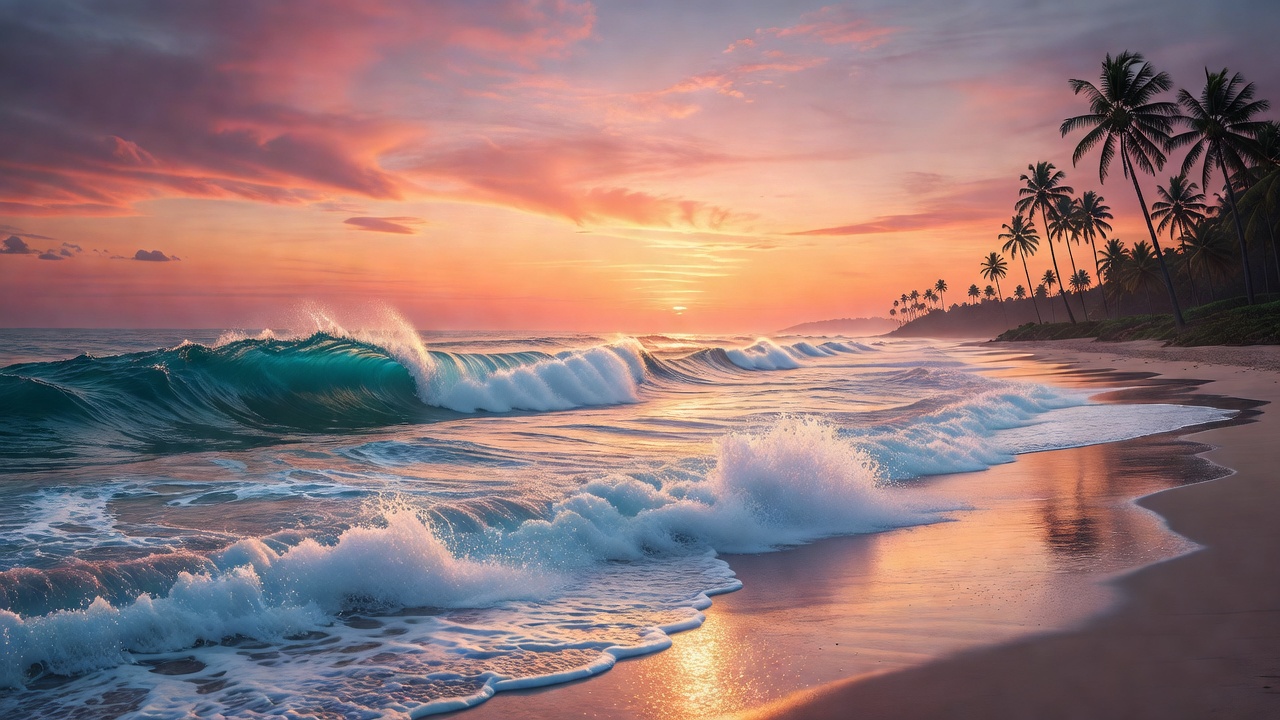 Pôr do sol com ondas e palmeiras no litoral brasileiro